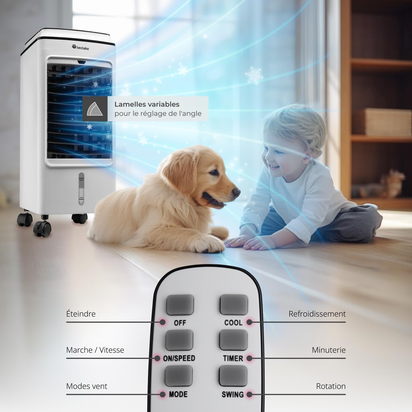 tectake® Rafraichisseur d'air Mobile sans évacuation 3 en 1 Ventilateur et Humidificateur 3 Programmes avec Télécommande Éclairage LED Ventilateur portable Ventilateurs pour Chambre Salon Bureau