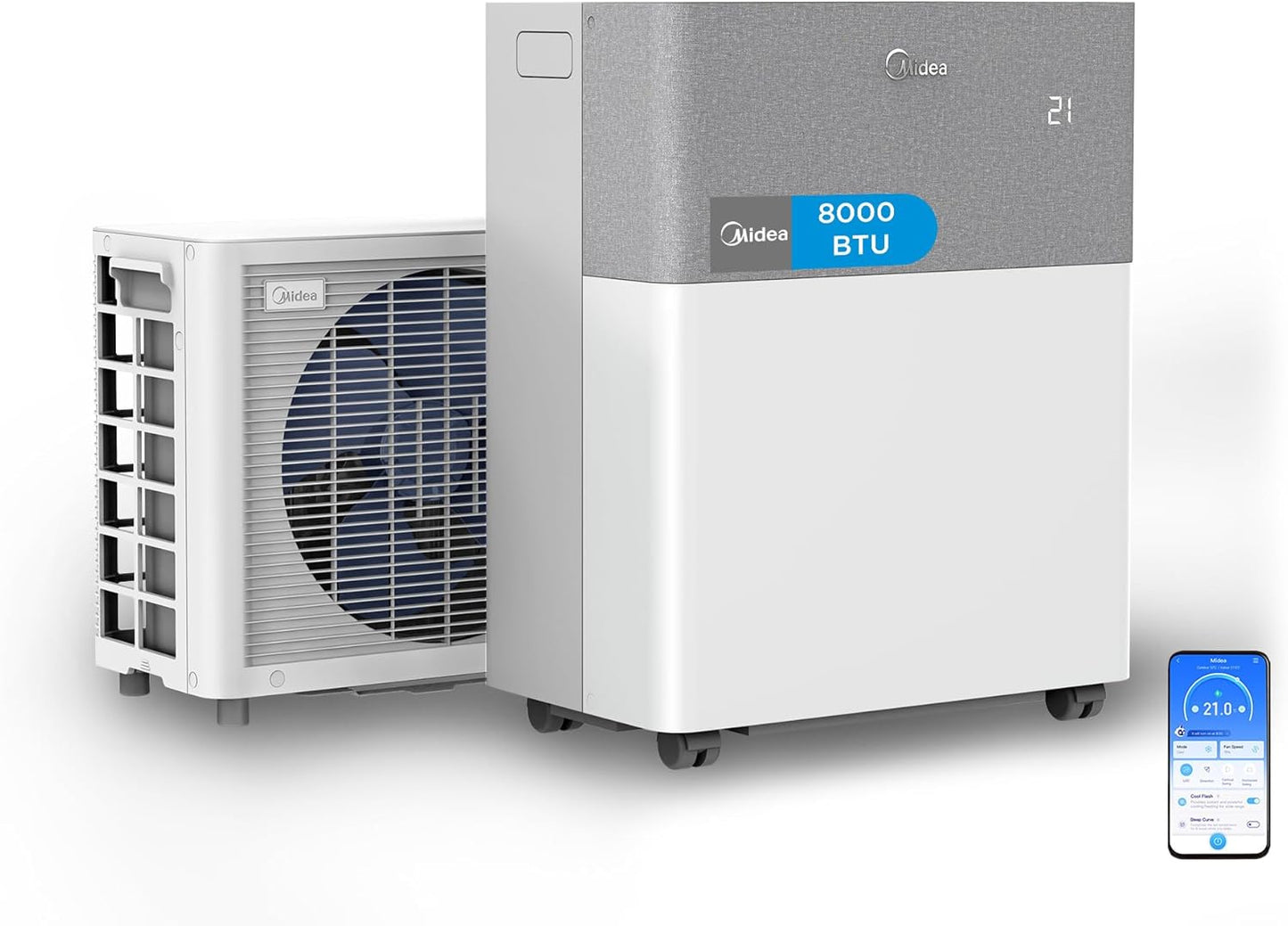 Midea Portasplit Climatiseur mobile à refroidissement uniquement, A++, 8000 BTU 2, 3 kW, pour pièces jusqu'à 28 m²/70 m³, seulement 38 dB(A) en mode silencieux