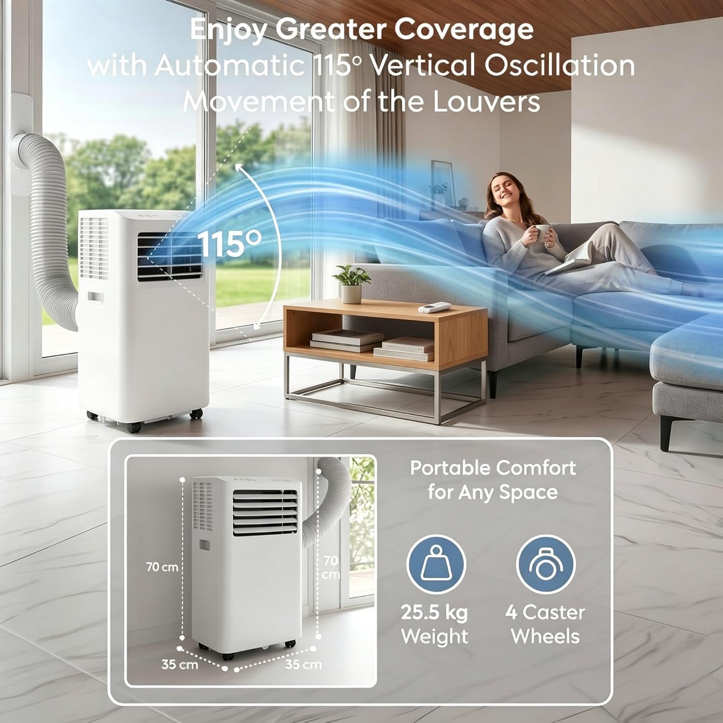 Air Pro 12000 BTU Climatiseur portable AC, unité intelligente Wifi 4-en-1 avec minuterie 24h et kit de fenêtre. Refroidisseur mobile écoénergétique de classe A pour pièces jusqu'à 30m2