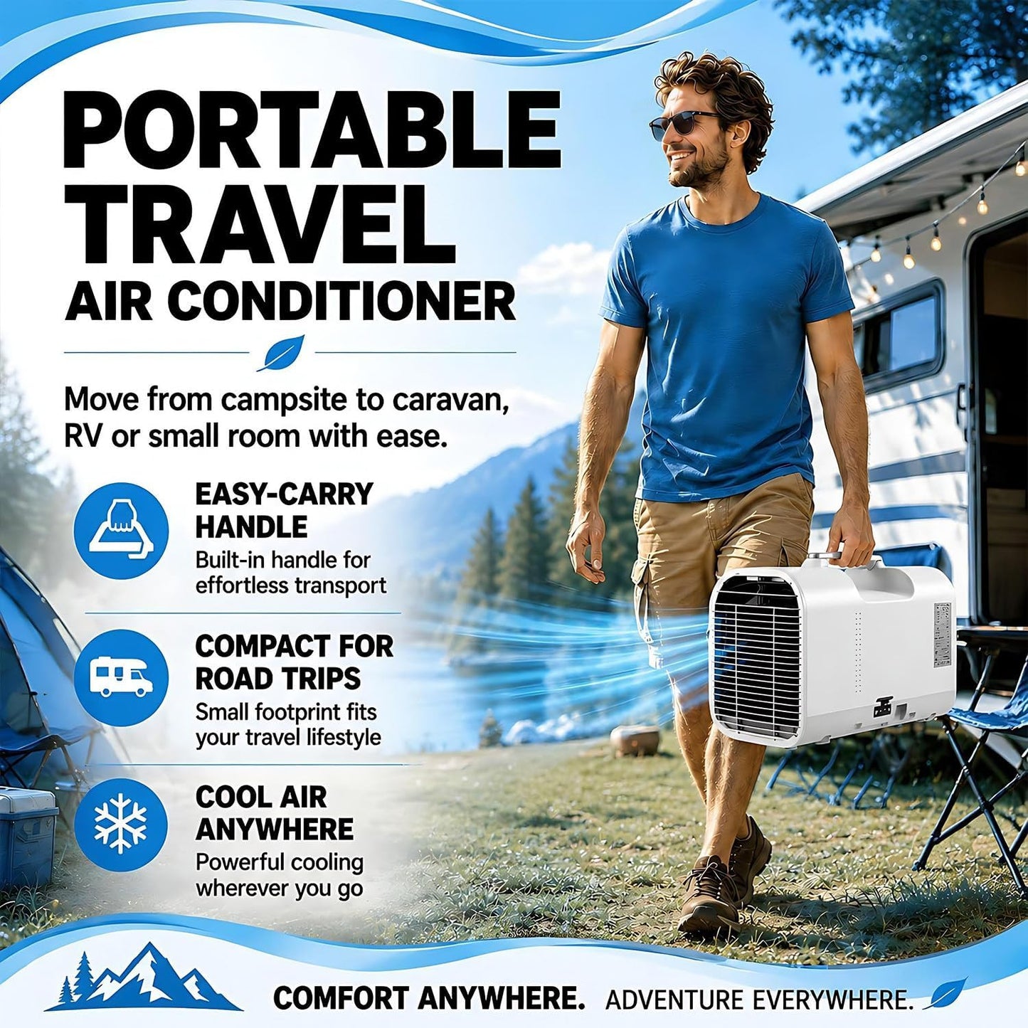 Climatiseur portable 220V à double tuyau, Refroidit vite 5100BTU | Climatiseur mobile 4-en-1 avec refroidissement, déshumidification, ventilation & modes sommeil pour camping, tentes, chambre