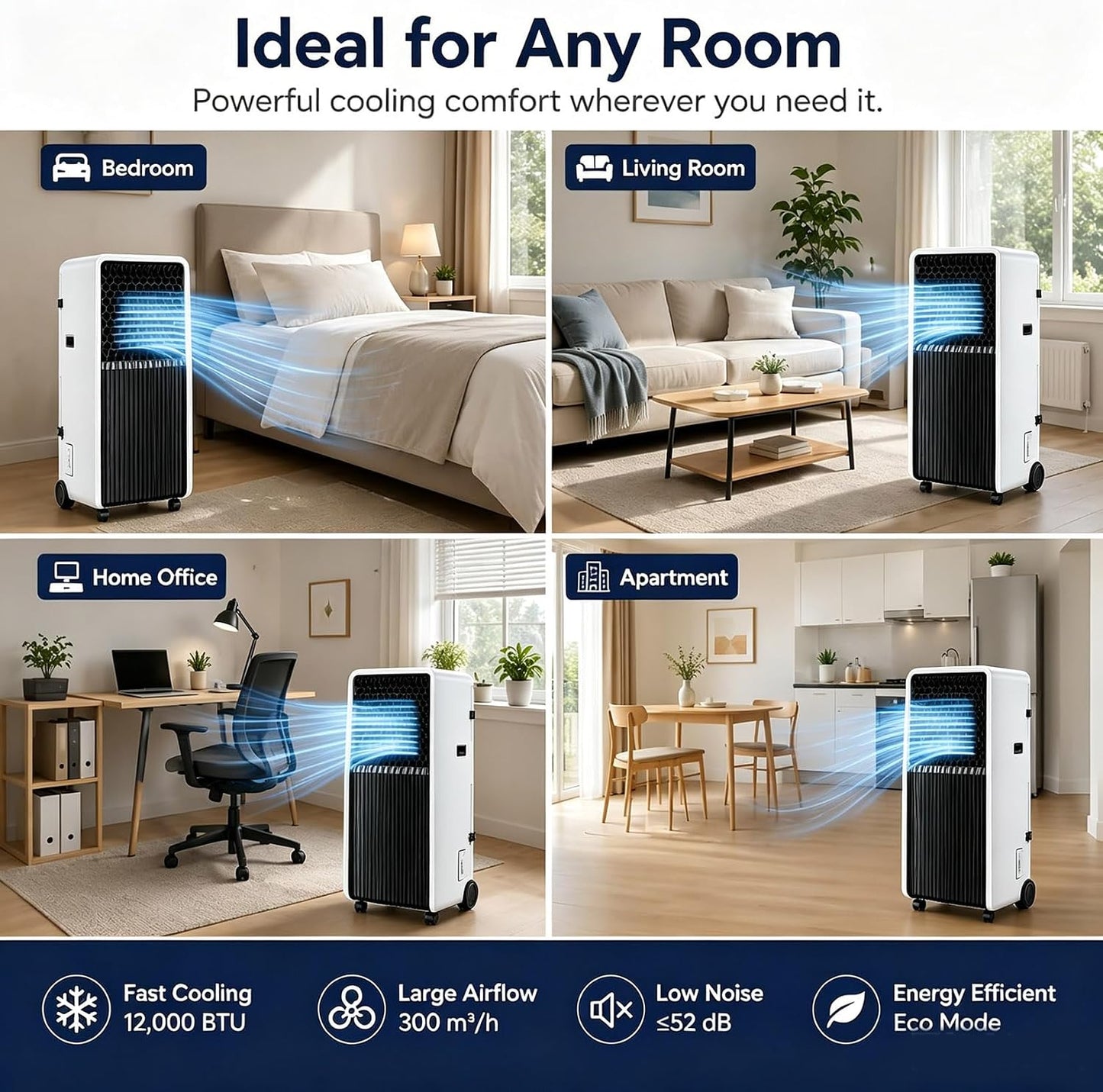 Climatiseur Portable 12000 BTU avec Télécommande Unité AC Mobile 3 en 1 pour Salon Bureau À Domicile Salle De Sport Garage Refroidissement Rapide pour Grands Espaces Jusqu'à 320 M² 12000BTU