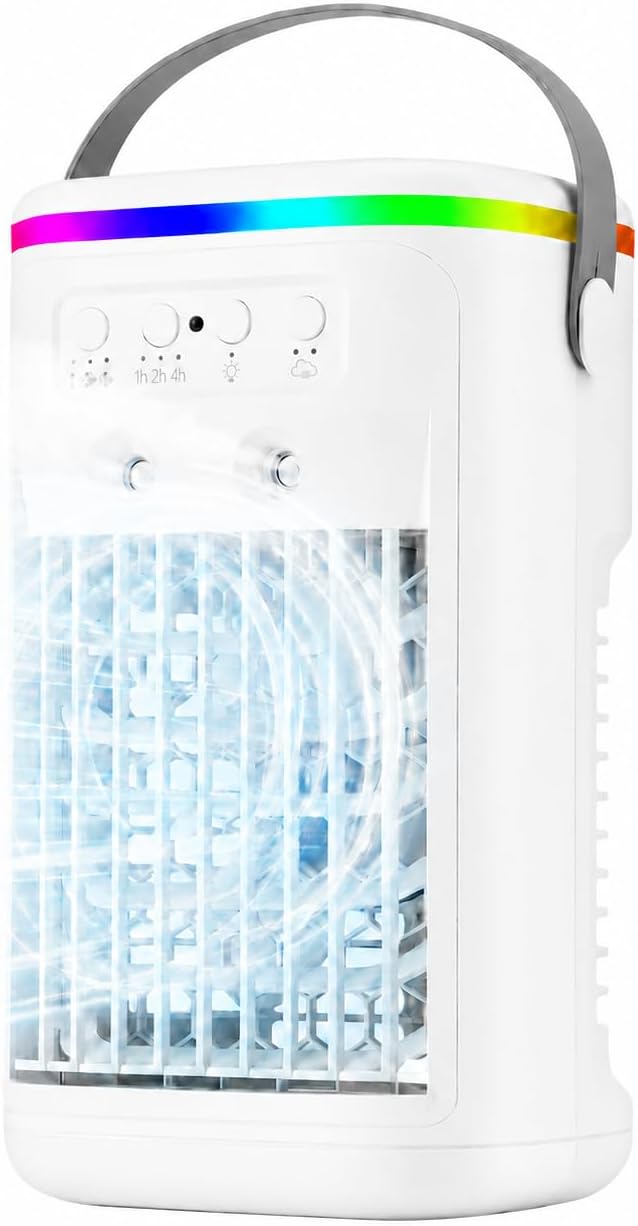 Climatiseur Mobile, Mini Rafraîchisseur d’Air Silencieux avec Télécommande, Ventilateur Brumisateur USB, 3 Vitesses, 2 Modes Brume, Minuteur 1H/2H/4H, LED 7 Couleurs, pour Chambre Bureau