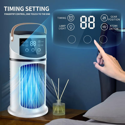 Climatiseur portable, 4 en 1 Mini Rafraîchisseur d’Air Silencieux avec 9 Vitesses, 3 Modes Brume, LED 7 Couleurs, Minuterie, Climatiseur Portable Silencieux pour Chambre Bureau