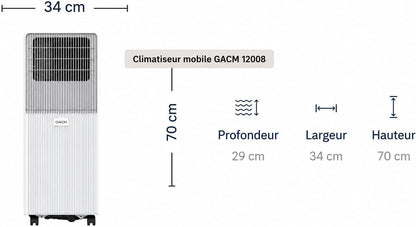 Climatiseur Mobile Silencieux 12000BTU, 5 EN 1, Refroidissement,Chauffage,Ventilateur,Déshumidificateur,Mode Nuit,Climatisation Rapide,Clim Mobile,Energie Classe A