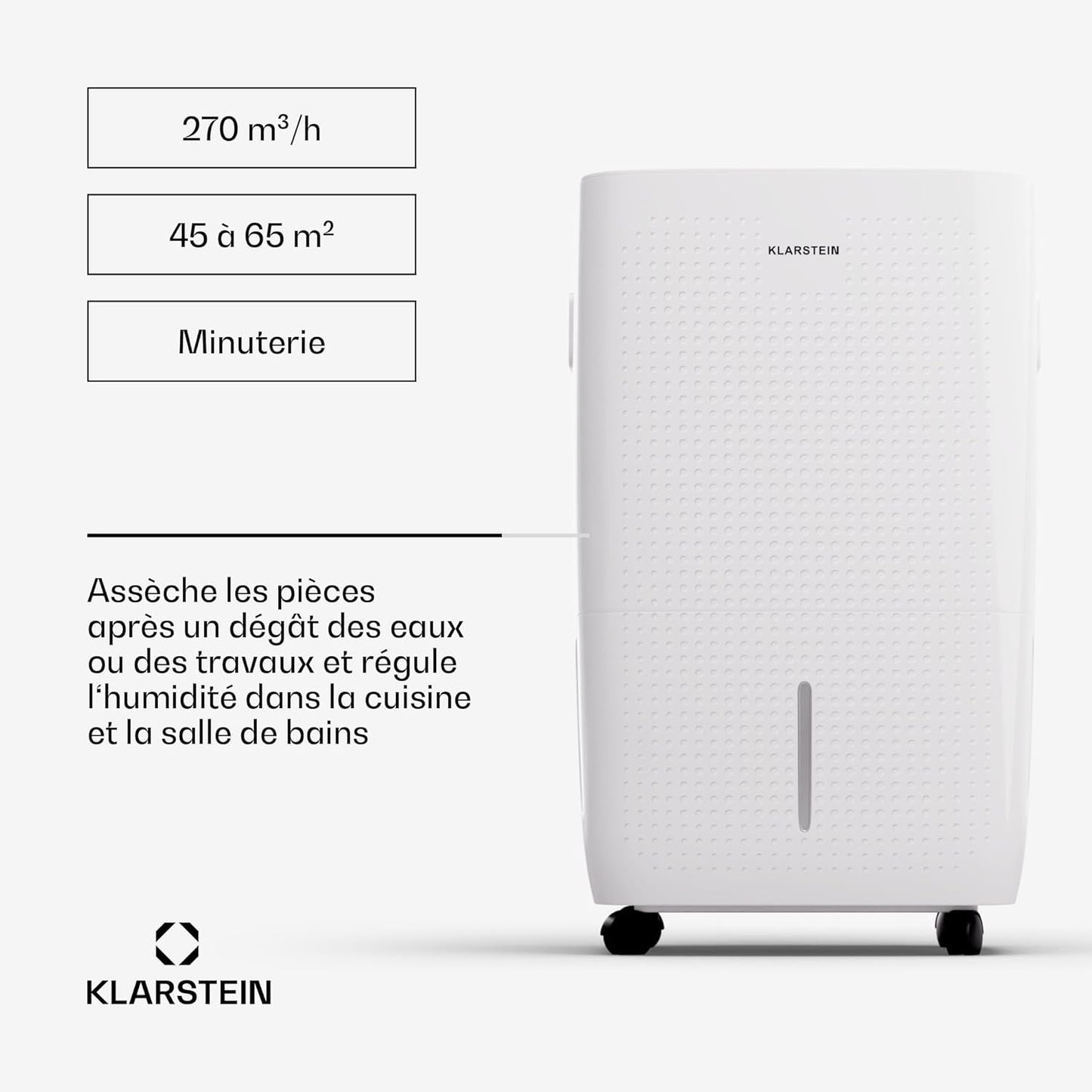 Klarstein DryFy Connect 60L Déshumidificateur, 60L/24h, Wi-Fi, Réservoir 8L, Minuterie 24h, Silencieux, Portable, Pour Salle de Bain & Pièces 45-65m², Anthracite