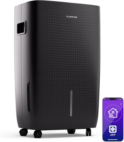 Klarstein DryFy Connect 60L Déshumidificateur, 60L/24h, Wi-Fi, Réservoir 8L, Minuterie 24h, Silencieux, Portable, Pour Salle de Bain & Pièces 45-65m², Anthracite