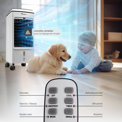 tectake® Rafraichisseur d'air Mobile sans évacuation 3 en 1 Ventilateur et Humidificateur 3 Programmes avec Télécommande Éclairage LED Ventilateur portable Ventilateurs pour Chambre Salon Bureau