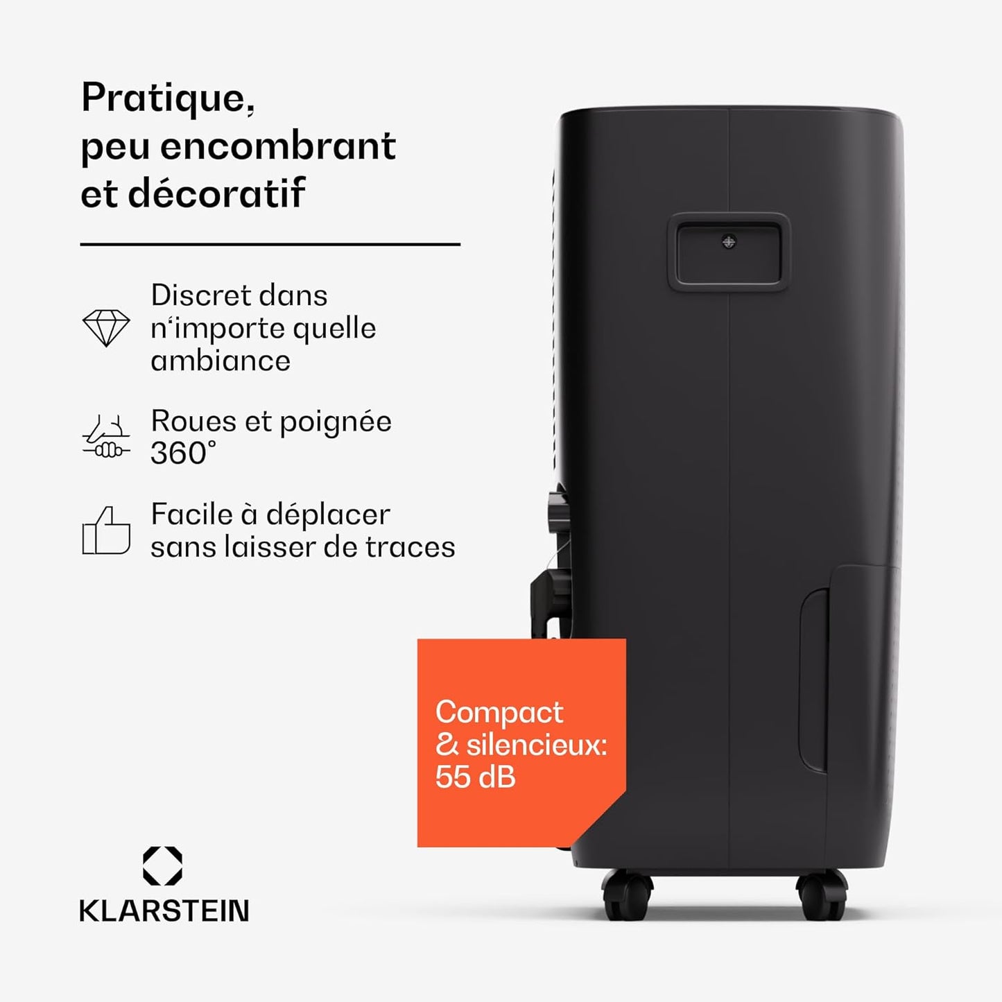 Klarstein DryFy Connect 60L Déshumidificateur, 60L/24h, Wi-Fi, Réservoir 8L, Minuterie 24h, Silencieux, Portable, Pour Salle de Bain & Pièces 45-65m², Anthracite