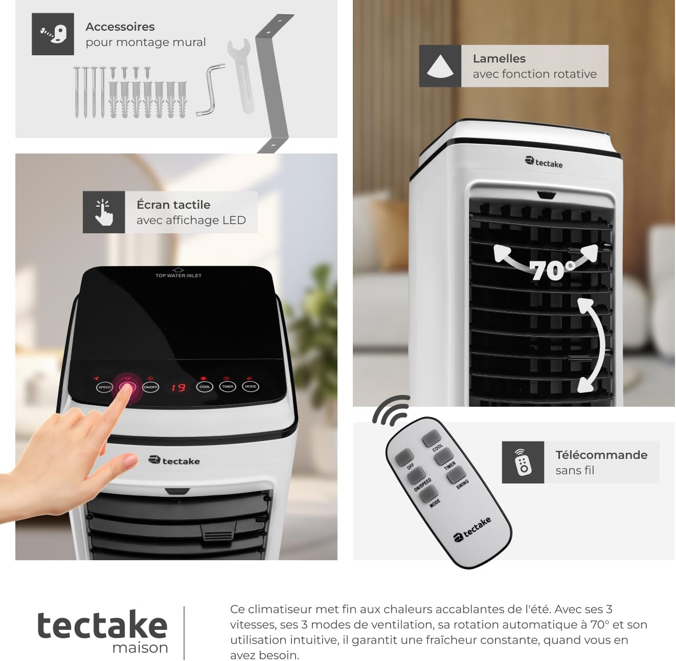 tectake® Rafraichisseur d'air Mobile sans évacuation 3 en 1 Ventilateur et Humidificateur 3 Programmes avec Télécommande Éclairage LED Ventilateur portable Ventilateurs pour Chambre Salon Bureau