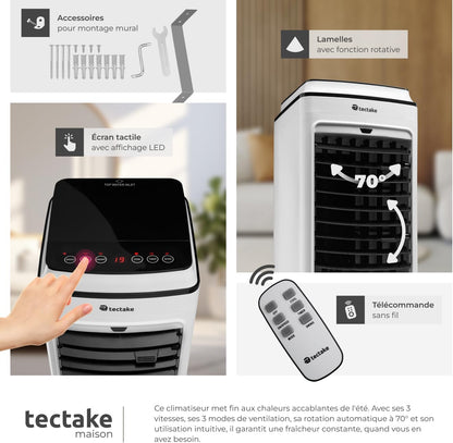 tectake® Rafraichisseur d'air Mobile sans évacuation 3 en 1 Ventilateur et Humidificateur 3 Programmes avec Télécommande Éclairage LED Ventilateur portable Ventilateurs pour Chambre Salon Bureau