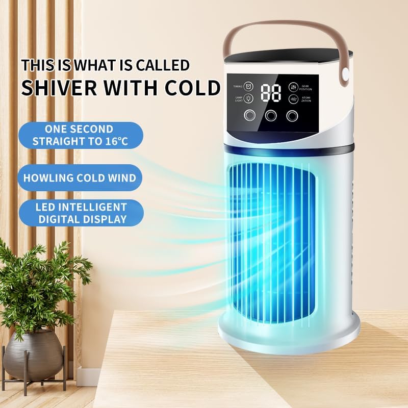 Climatiseur portable, 4 en 1 Mini Rafraîchisseur d’Air Silencieux avec 9 Vitesses, 3 Modes Brume, LED 7 Couleurs, Minuterie, Climatiseur Portable Silencieux pour Chambre Bureau
