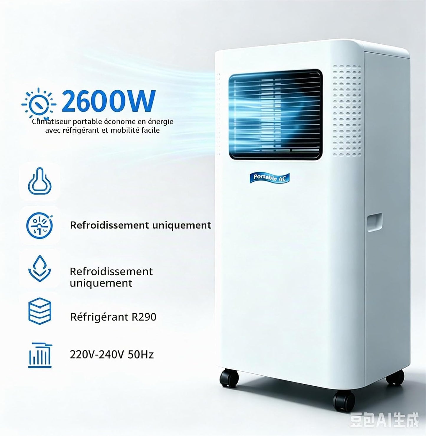 Climatiseur Mobile 2600 W 1.5P | Avec 4 roulettes, puissance de refroidissement de 2600 W (pour des pièces jusqu'à 20–25 m²), 330 × 280 × 680 mm