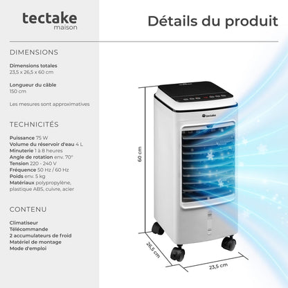 tectake® Rafraichisseur d'air Mobile sans évacuation 3 en 1 Ventilateur et Humidificateur 3 Programmes avec Télécommande Éclairage LED Ventilateur portable Ventilateurs pour Chambre Salon Bureau