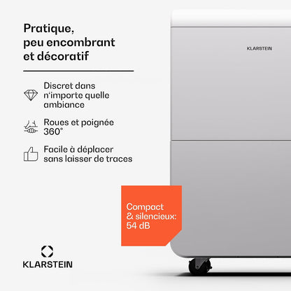 Klarstein DryFy Connect 60L Déshumidificateur, 60L/24h, Wi-Fi, Réservoir 8L, Minuterie 24h, Silencieux, Portable, Pour Salle de Bain & Pièces 45-65m², Anthracite