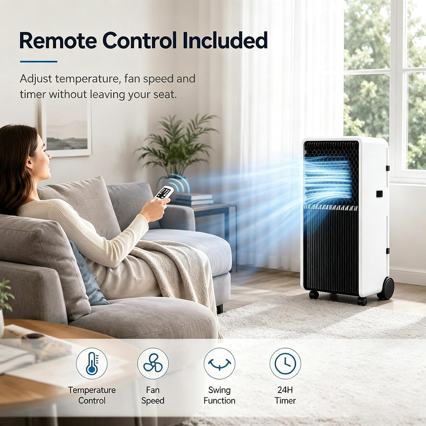 Climatiseur Portable 12000 BTU avec Télécommande Unité AC Mobile 3 en 1 pour Salon Bureau À Domicile Salle De Sport Garage Refroidissement Rapide pour Grands Espaces Jusqu'à 320 M² 12000BTU