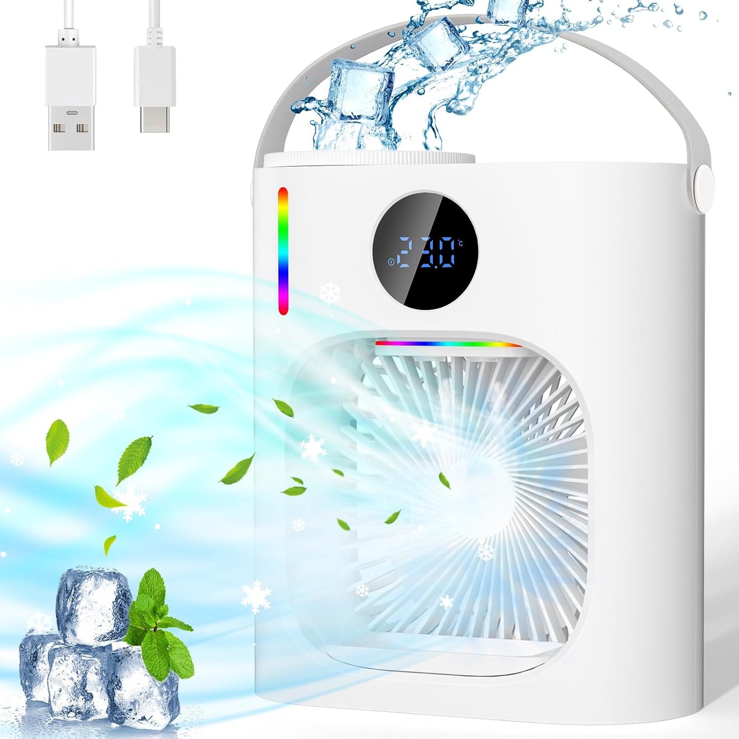 Climatiseur Mobile, GuKKK Climatiseur Portable Silencieux 900ML, 4 en 1 Refroidisseur d'Air, USB Mini Air Climatiseur Ventilateur, 3 Vitesses, 2 Modes de Brumisation, pour Chambre