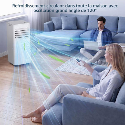 Climatiseur portable AC silencieux refroidit jusqu'à 350 m². Unité de climatisation portable avec ventilateur et déshumidificateur, télécommande, minuterie 24H, kit d'installation complet pour fenêtre