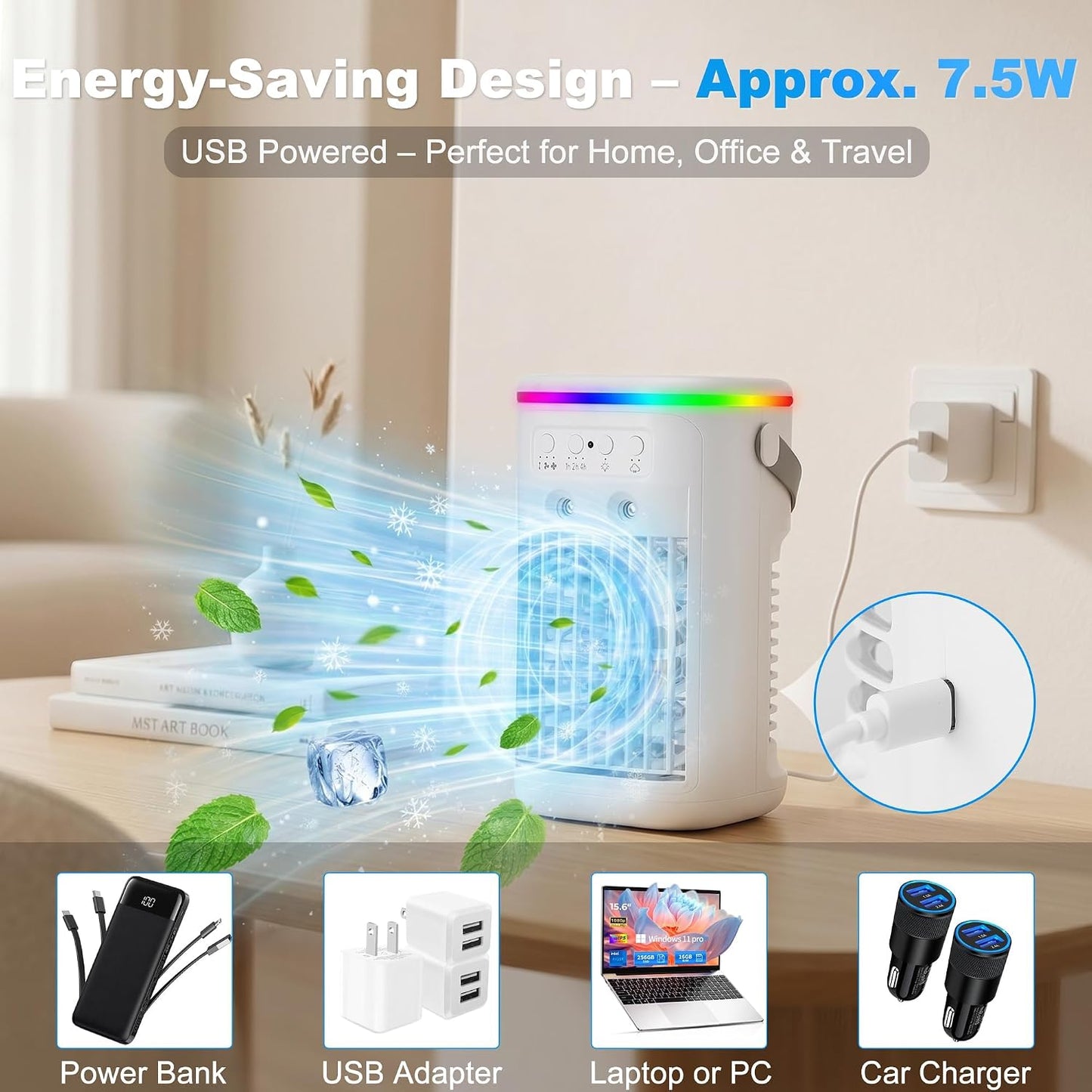 Climatiseur Mobile, Mini Rafraîchisseur d’Air Silencieux avec Télécommande, Ventilateur Brumisateur USB, 3 Vitesses, 2 Modes Brume, Minuteur 1H/2H/4H, LED 7 Couleurs, pour Chambre Bureau