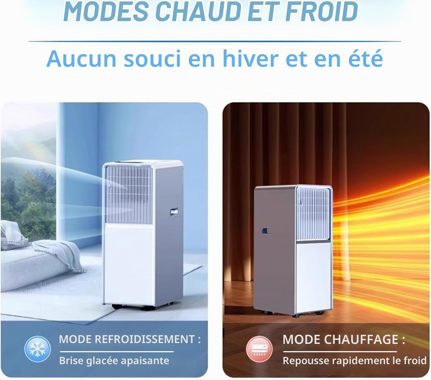 Climatiseur portable jusqu'à 300 pi², unité AC silencieuse avec ventilateur rafraîchissant et déshumidificateur, minuterie 24H et télécommande, installation facile pour la chambre à coucher