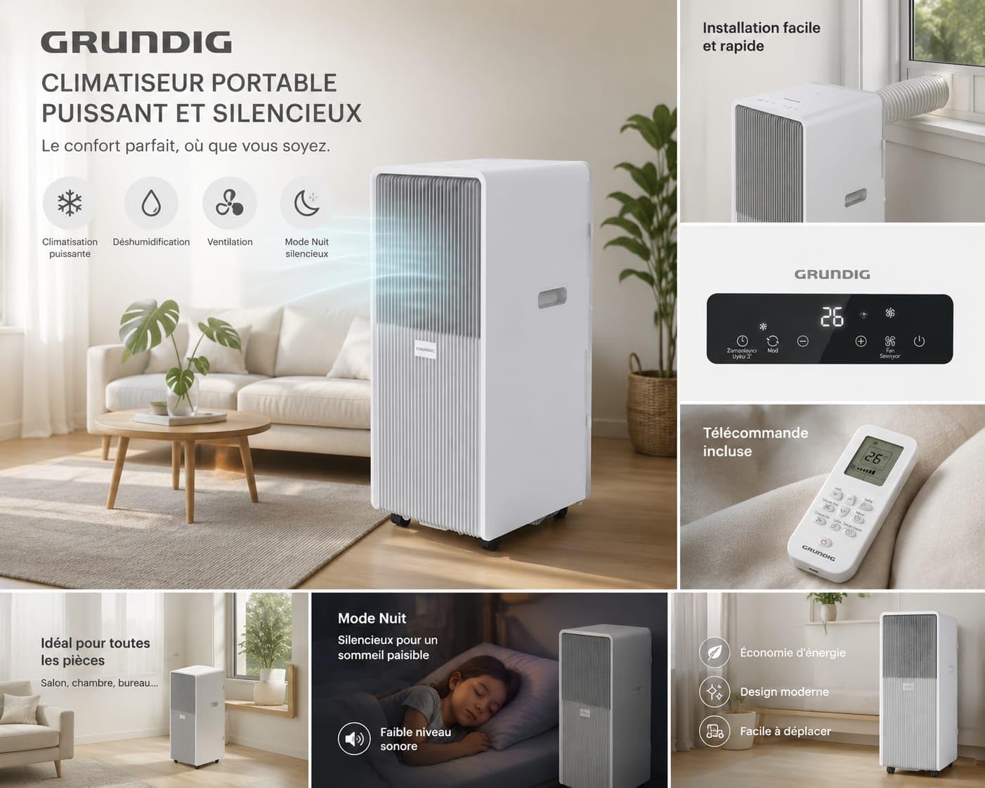 Climatiseur Mobile Silencieux 12000BTU, 5 EN 1, Refroidissement,Chauffage,Ventilateur,Déshumidificateur,Mode Nuit,Climatisation Rapide,Clim Mobile,Energie Classe A