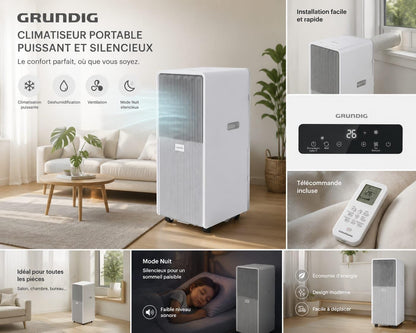 Climatiseur Mobile Silencieux 12000BTU, 5 EN 1, Refroidissement,Chauffage,Ventilateur,Déshumidificateur,Mode Nuit,Climatisation Rapide,Clim Mobile,Energie Classe A