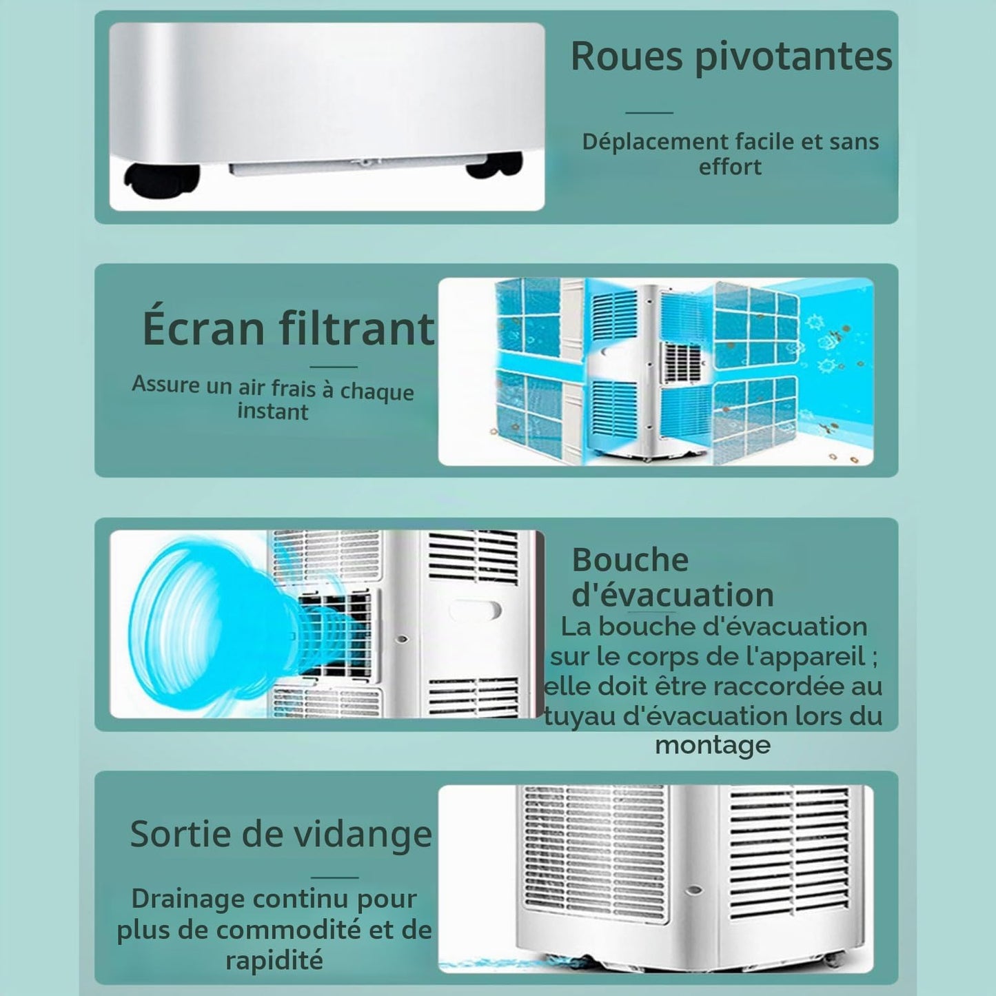 Climatiseur portable AC silencieux refroidit jusqu'à 350 m². Unité de climatisation portable avec ventilateur et déshumidificateur, télécommande, minuterie 24H, kit d'installation complet pour fenêtre