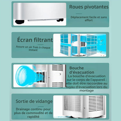 Climatiseur portable AC silencieux refroidit jusqu'à 350 m². Unité de climatisation portable avec ventilateur et déshumidificateur, télécommande, minuterie 24H, kit d'installation complet pour fenêtre