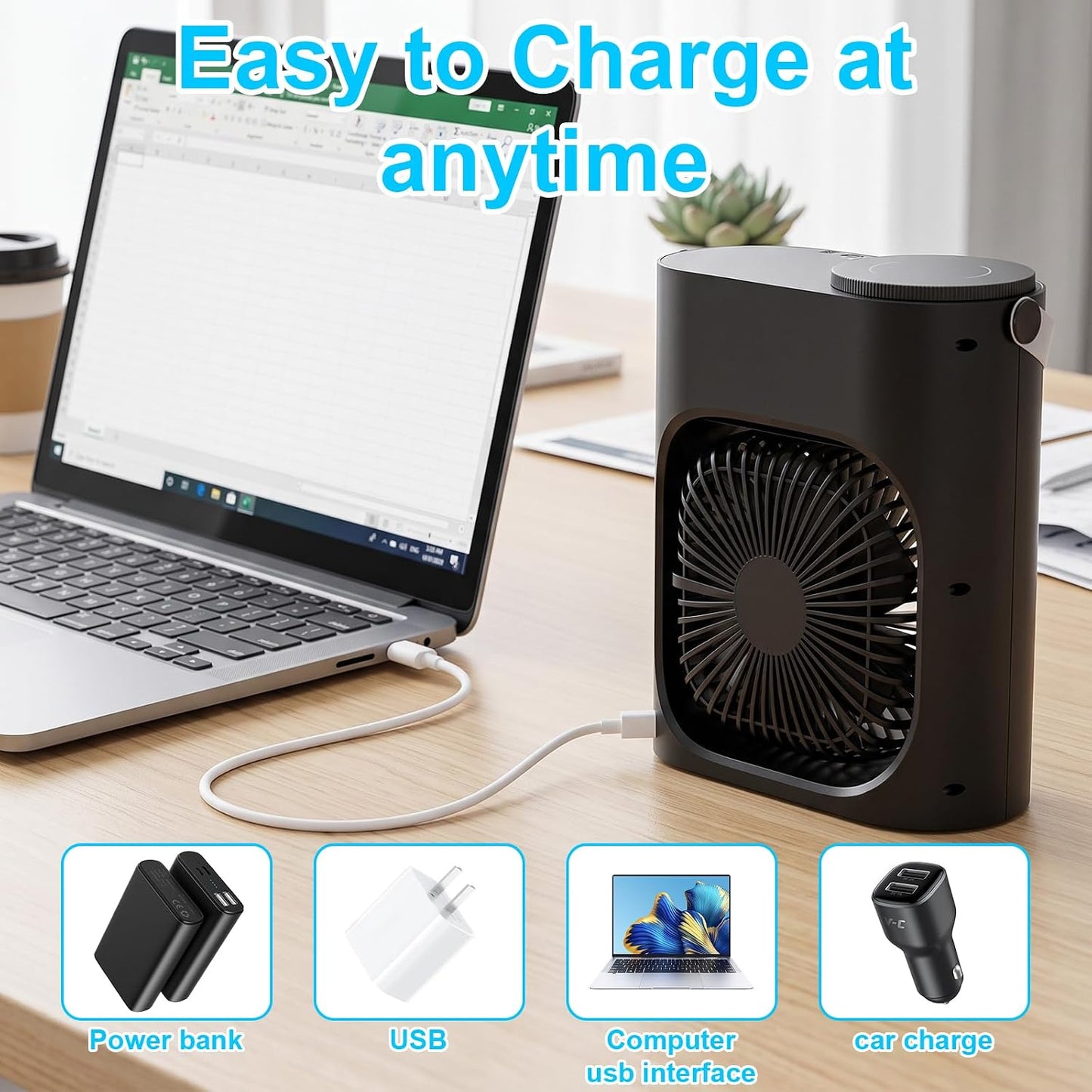 Climatiseur Mobile, GuKKK Climatiseur Portable Silencieux 900ML, 4 en 1 Refroidisseur d'Air, USB Mini Air Climatiseur Ventilateur, 3 Vitesses, 2 Modes de Brumisation, pour Chambre