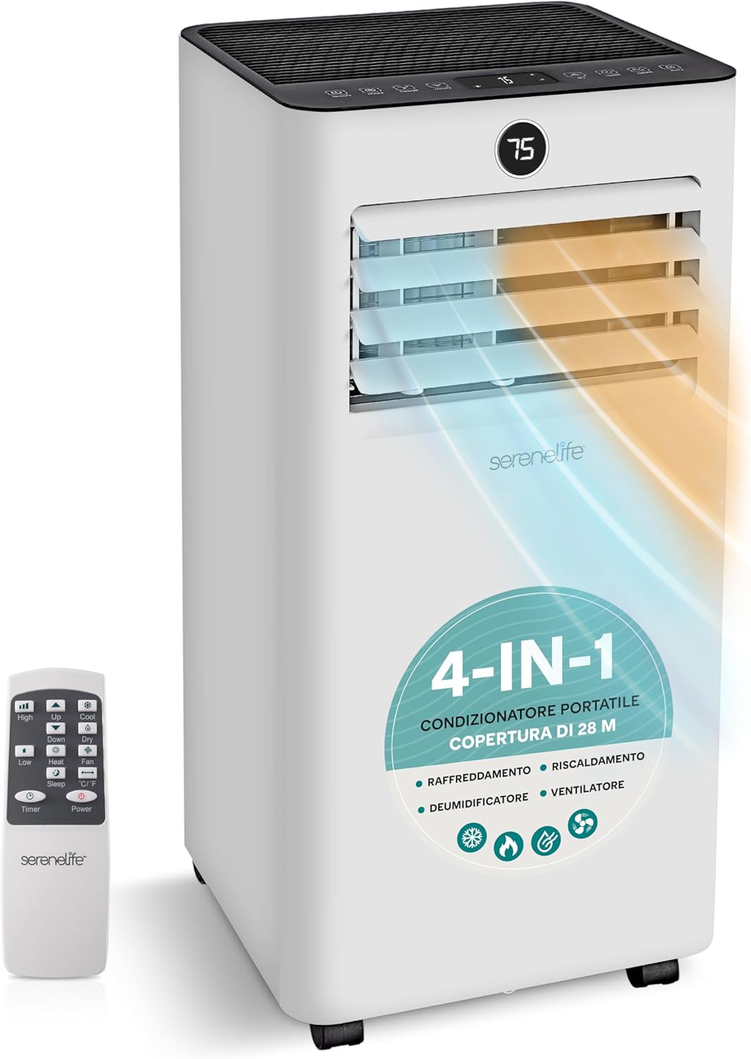 SereneLife Climatiseur Mobile 7000 BTU avec Chauffage, Jusqu'à 31 m² – Silencieux 55 dB, Déshumidificateur, Ventilateur, Télécommande et Écran LED