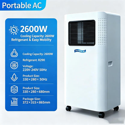 Climatiseur Mobile 2600 W 1.5P | Avec 4 roulettes, puissance de refroidissement de 2600 W (pour des pièces jusqu'à 20–25 m²), 330 × 280 × 680 mm