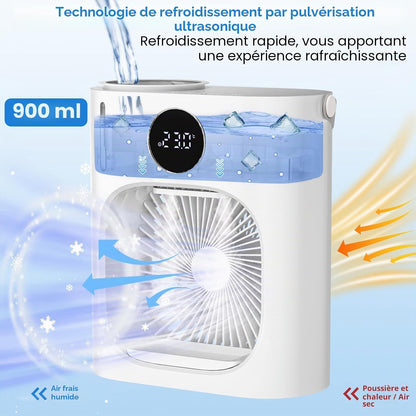 Climatiseur Mobile, GuKKK Climatiseur Portable Silencieux 900ML, 4 en 1 Refroidisseur d'Air, USB Mini Air Climatiseur Ventilateur, 3 Vitesses, 2 Modes de Brumisation, pour Chambre