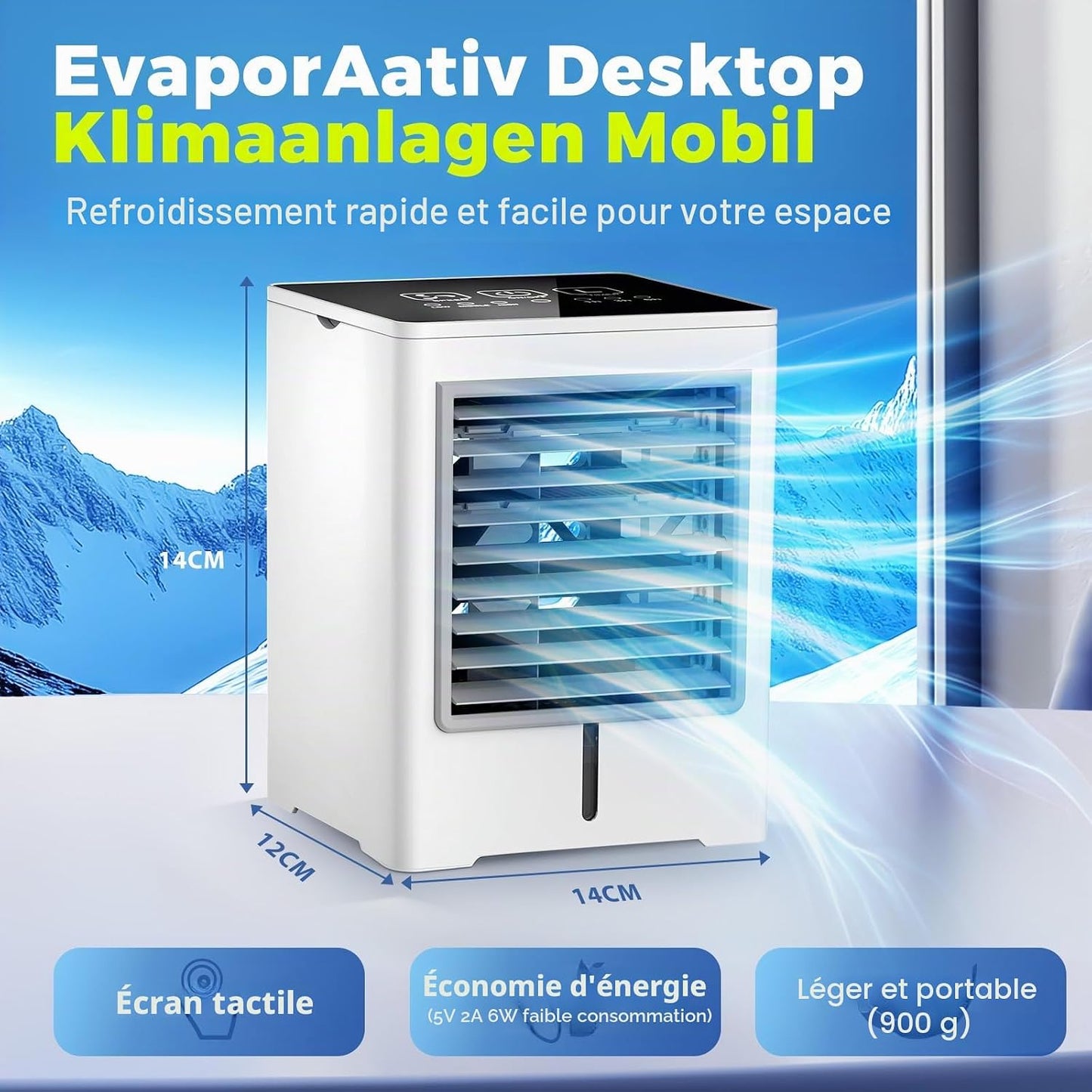 Climatiseur Mobile 3 en 1, Ventilateur avec Eau 470ml, Rafraichisseur d'Air | Alimentation USB, 3 Vitesses, Minuterie, Écran Tactile, Silencieux, sans Évacuation, pour Usage Personnel, Chambre, Bureau