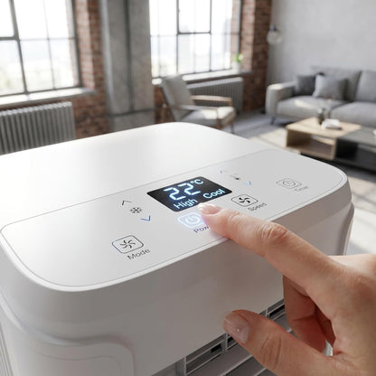 Climatiseur portable 12 000 BTU, refroidissement et déshumidificateur, 2 réglages de vitesse, minuterie 24h, kit de fenêtre, oscillation à 120 ° pour pièces jusqu'à 300 m²