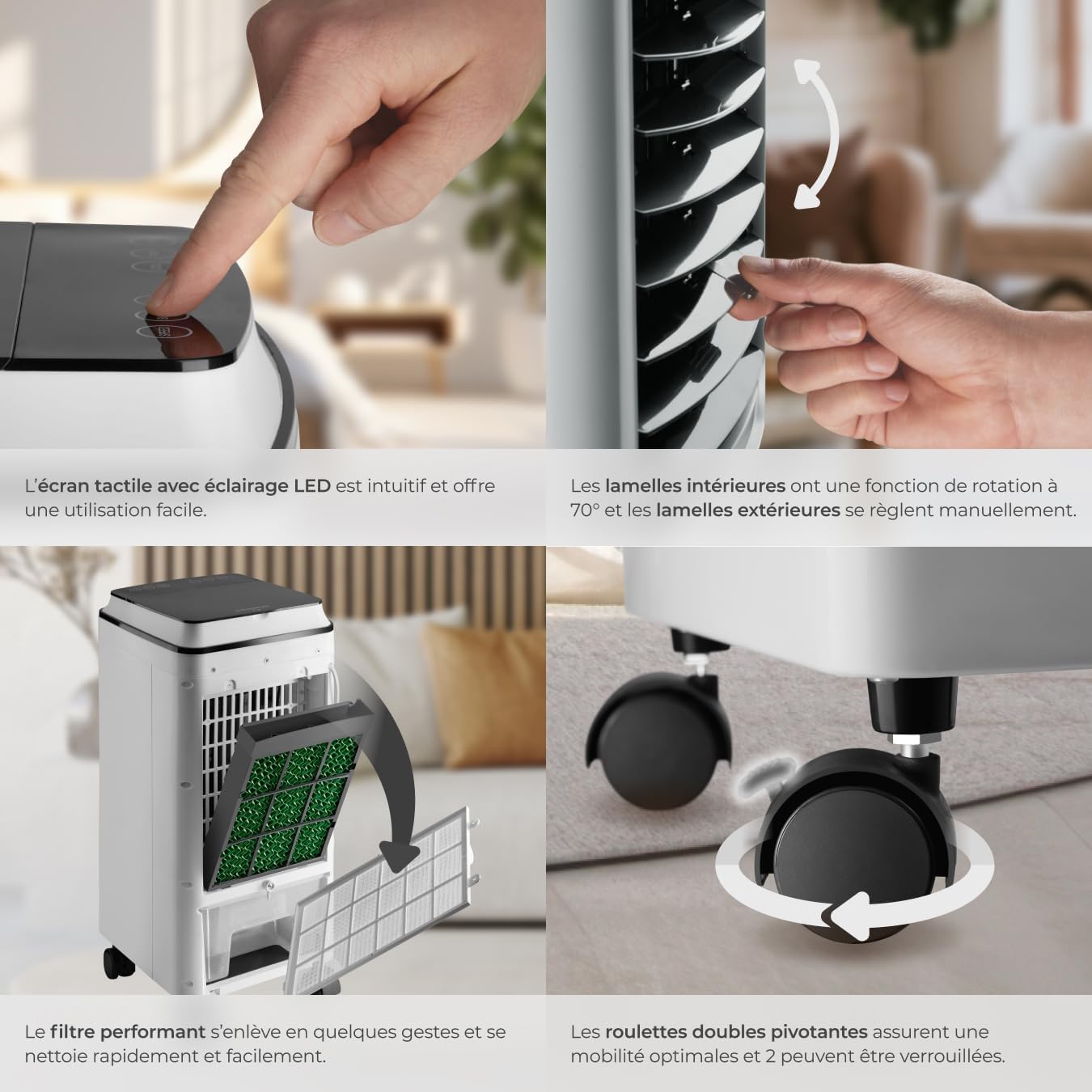 tectake® Rafraichisseur d'air Mobile sans évacuation 3 en 1 Ventilateur et Humidificateur 3 Programmes avec Télécommande Éclairage LED Ventilateur portable Ventilateurs pour Chambre Salon Bureau