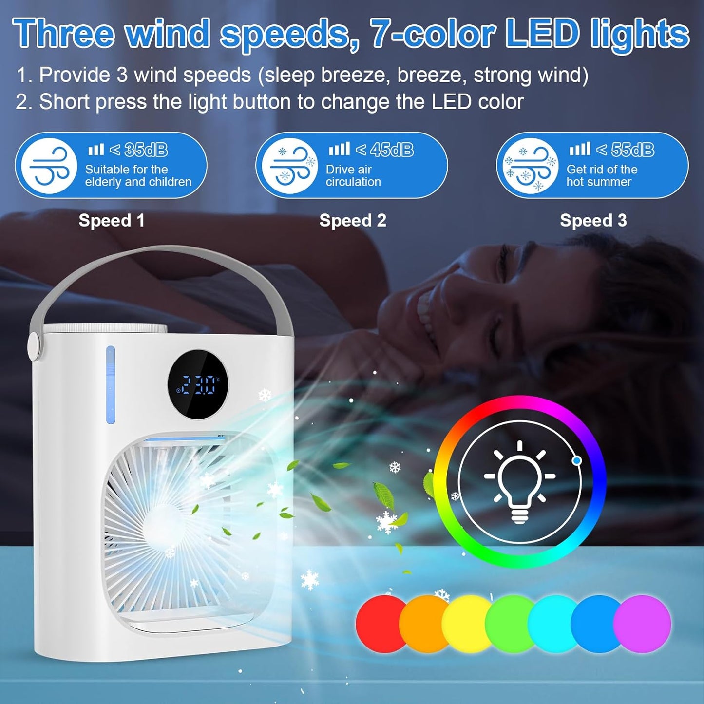 Climatiseur Mobile, GuKKK Climatiseur Portable Silencieux 900ML, 4 en 1 Refroidisseur d'Air, USB Mini Air Climatiseur Ventilateur, 3 Vitesses, 2 Modes de Brumisation, pour Chambre