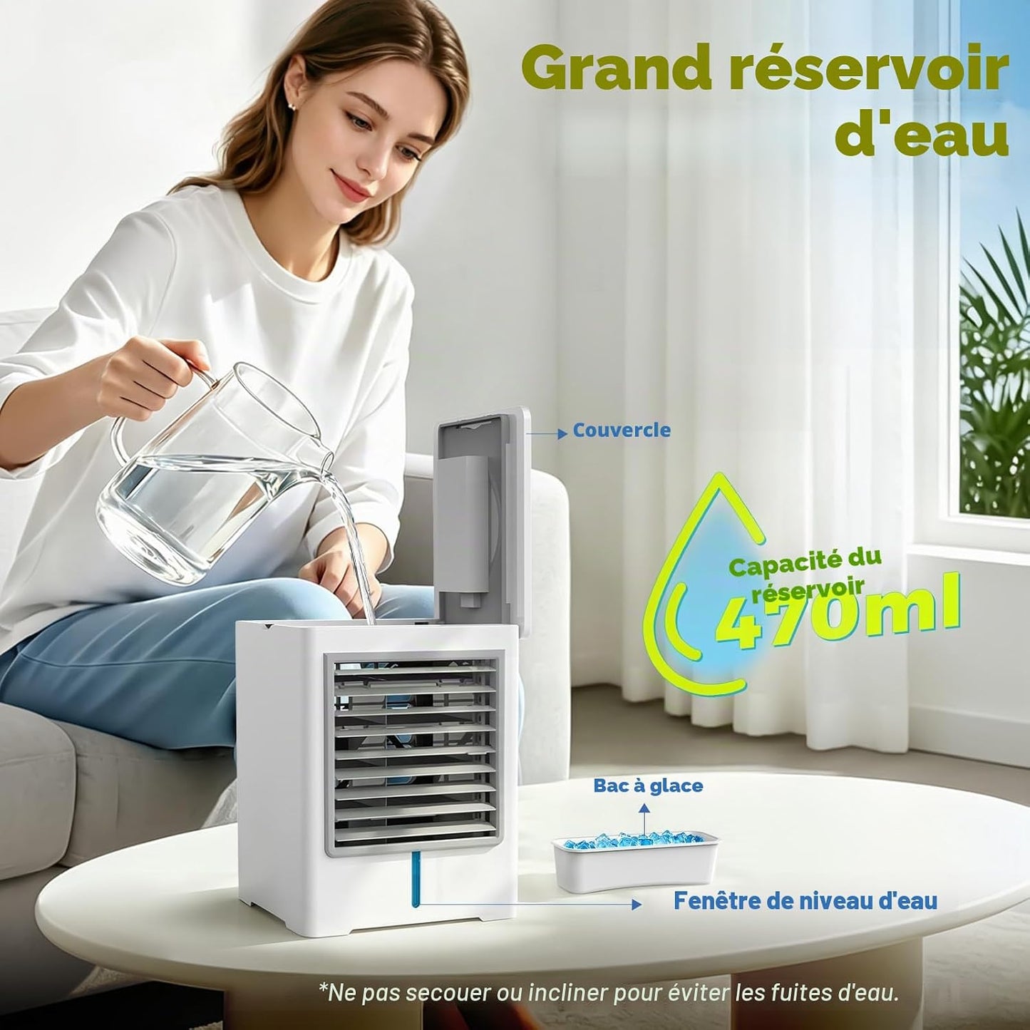 Climatiseur Mobile 3 en 1, Ventilateur avec Eau 470ml, Rafraichisseur d'Air | Alimentation USB, 3 Vitesses, Minuterie, Écran Tactile, Silencieux, sans Évacuation, pour Usage Personnel, Chambre, Bureau