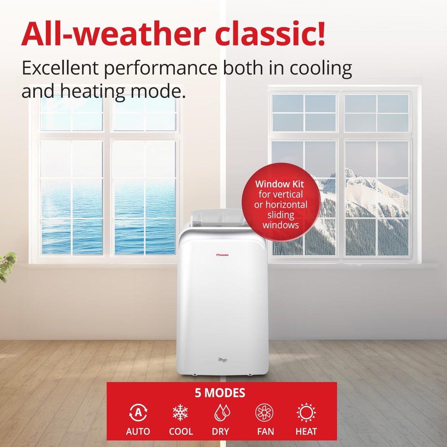 Magic Inventeur Climatiseur portable 12 000 BTU refroidissement, chauffage, déshumidificateur, ventilateur, affichage numérique, télécommande, 3 vitesses, minuterie 24h