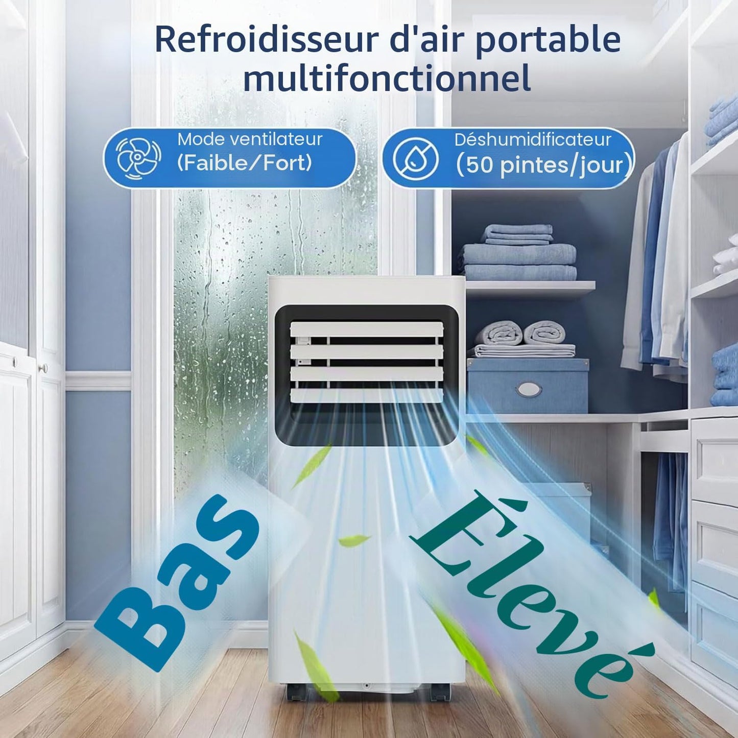 Climatiseur portable AC silencieux refroidit jusqu'à 350 m². Unité de climatisation portable avec ventilateur et déshumidificateur, télécommande, minuterie 24H, kit d'installation complet pour fenêtre