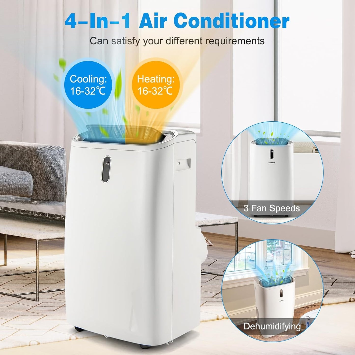 KOMFOTTEU Climatiseur Mobile Silencieux, 16000BTU, Minuterie & Télécommande | Climatiseur Mobile avec Évacuation, 4 Modes, 3 Vitesses, 5 en 1 Rafraichisseur d'Air, Pour Pièces 45-50㎡, WIFI, Contrôle APP