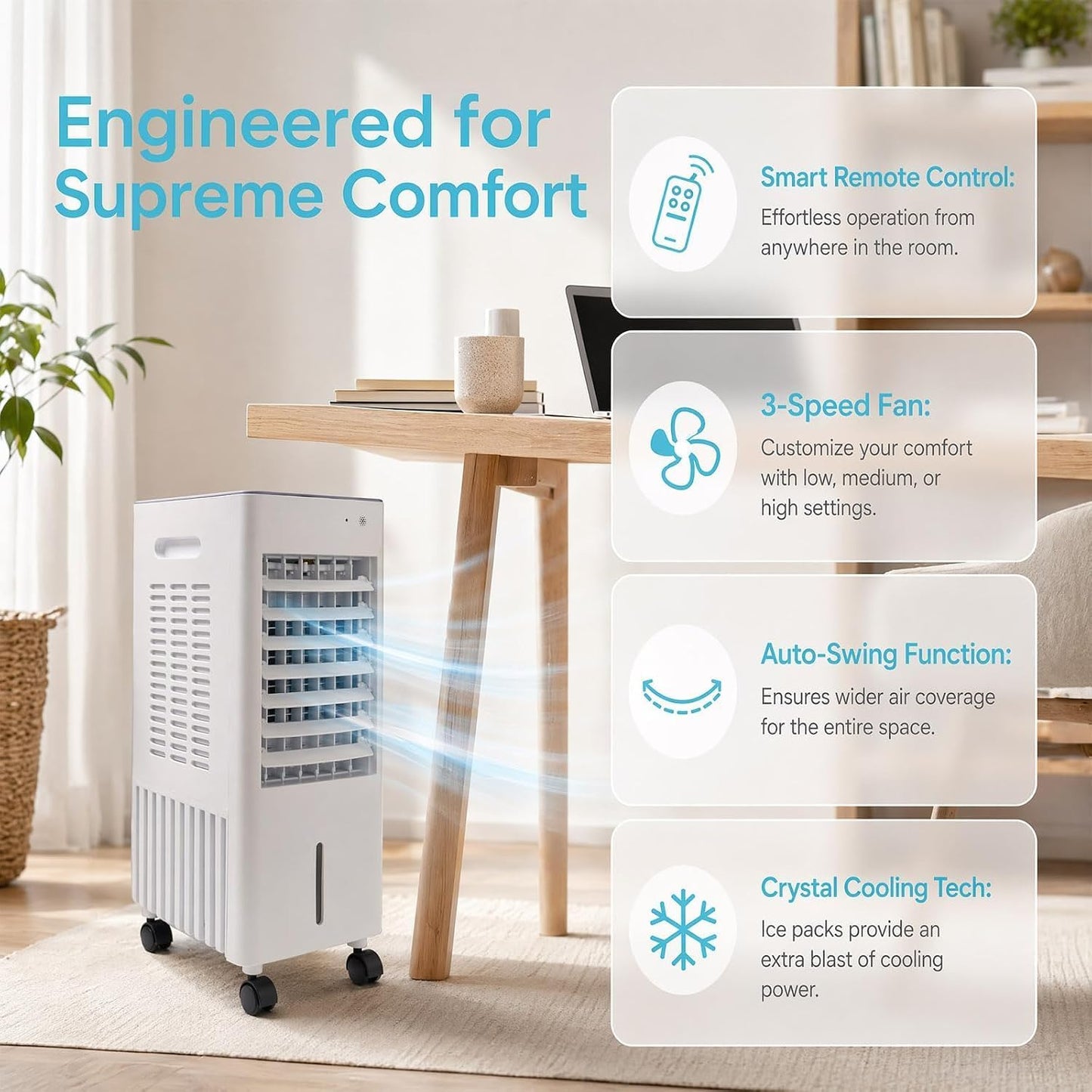 Rafraîchisseur d'air Silencieux pour Chambre, Climatiseur Mobile 4-en-1, Réservoir 12L, 2 Pains de Glace, Mode Nuit, Humidificateur d'air, Ventilateur Colonne avec Refroidissement