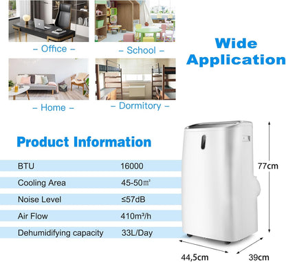 KOMFOTTEU Climatiseur Mobile Silencieux, 16000BTU, Minuterie & Télécommande | Climatiseur Mobile avec Évacuation, 4 Modes, 3 Vitesses, 5 en 1 Rafraichisseur d'Air, Pour Pièces 45-50㎡, WIFI, Contrôle APP