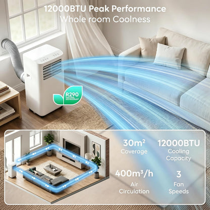 Air Pro 12000 BTU Climatiseur portable AC, unité intelligente Wifi 4-en-1 avec minuterie 24h et kit de fenêtre. Refroidisseur mobile écoénergétique de classe A pour pièces jusqu'à 30m2