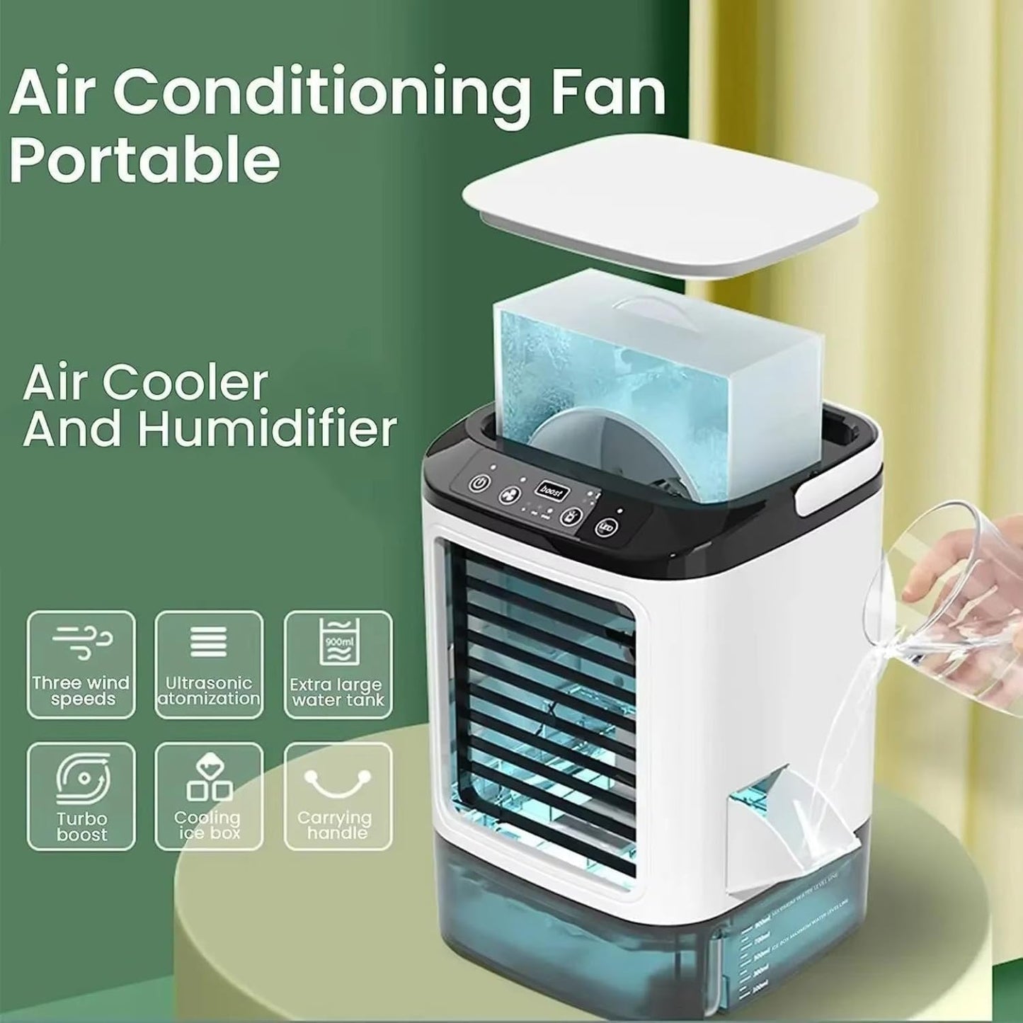 Climatiseur Mobile 2026 sans Évacuation, 4 Vitesses, avec Moule à Glaçons, Brumisation, LED 7 Couleurs et Réservoir 900 ml – Rafraîchisseur d'Air Silencieux (Blanc)