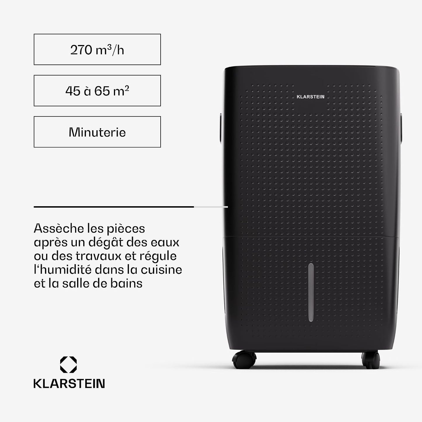 Klarstein DryFy Connect 60L Déshumidificateur, 60L/24h, Wi-Fi, Réservoir 8L, Minuterie 24h, Silencieux, Portable, Pour Salle de Bain & Pièces 45-65m², Anthracite