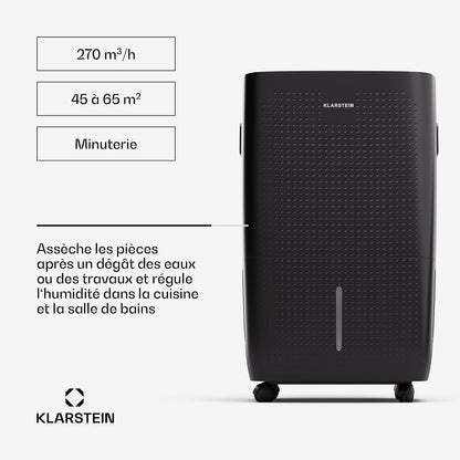 Klarstein DryFy Connect 60L Déshumidificateur, 60L/24h, Wi-Fi, Réservoir 8L, Minuterie 24h, Silencieux, Portable, Pour Salle de Bain & Pièces 45-65m², Anthracite