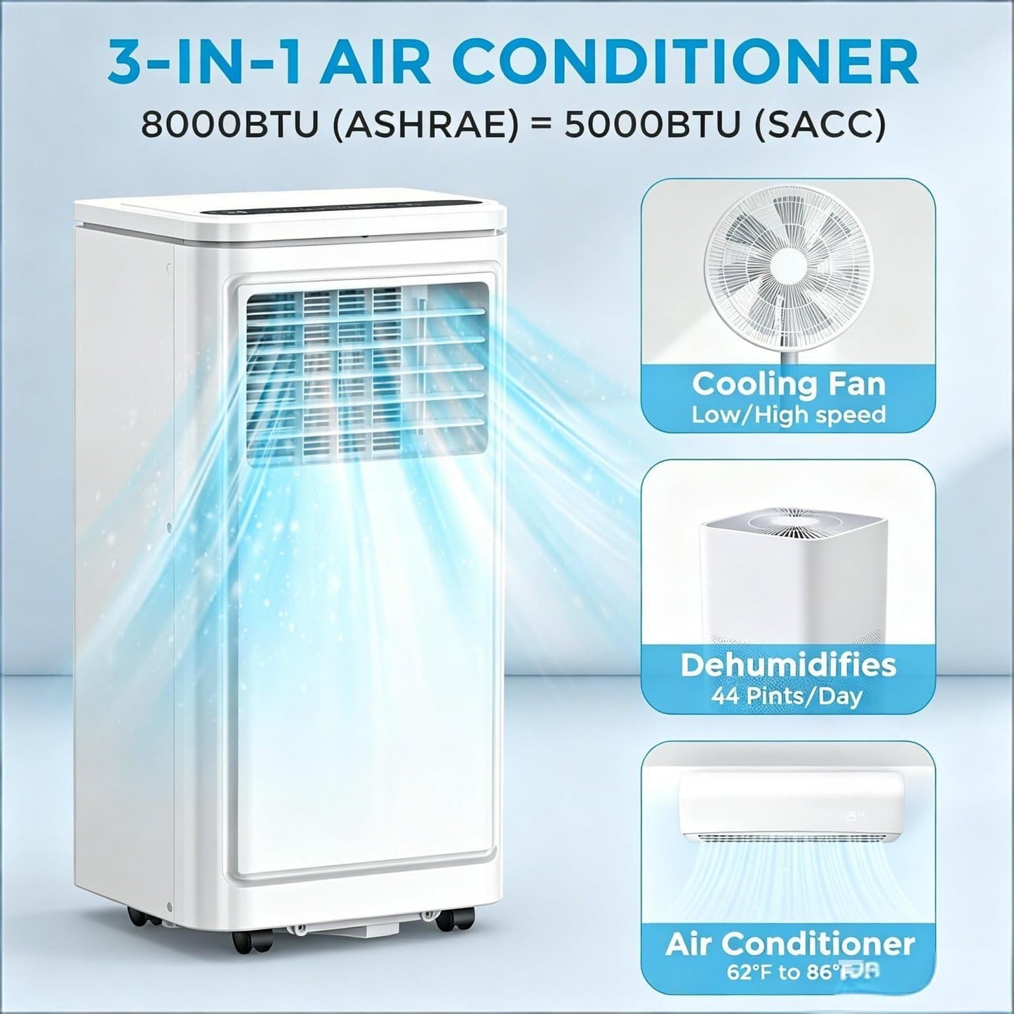 Climatiseur Portable avec télécommande et roulettes 18000BTU | Climatiseur mobile sur pied ; poignée ergonomique ; pour un refroidissement flexible d'une pièce à l'autre
