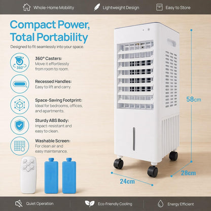 Rafraîchisseur d'air Silencieux pour Chambre, Climatiseur Mobile 4-en-1, Réservoir 12L, 2 Pains de Glace, Mode Nuit, Humidificateur d'air, Ventilateur Colonne avec Refroidissement
