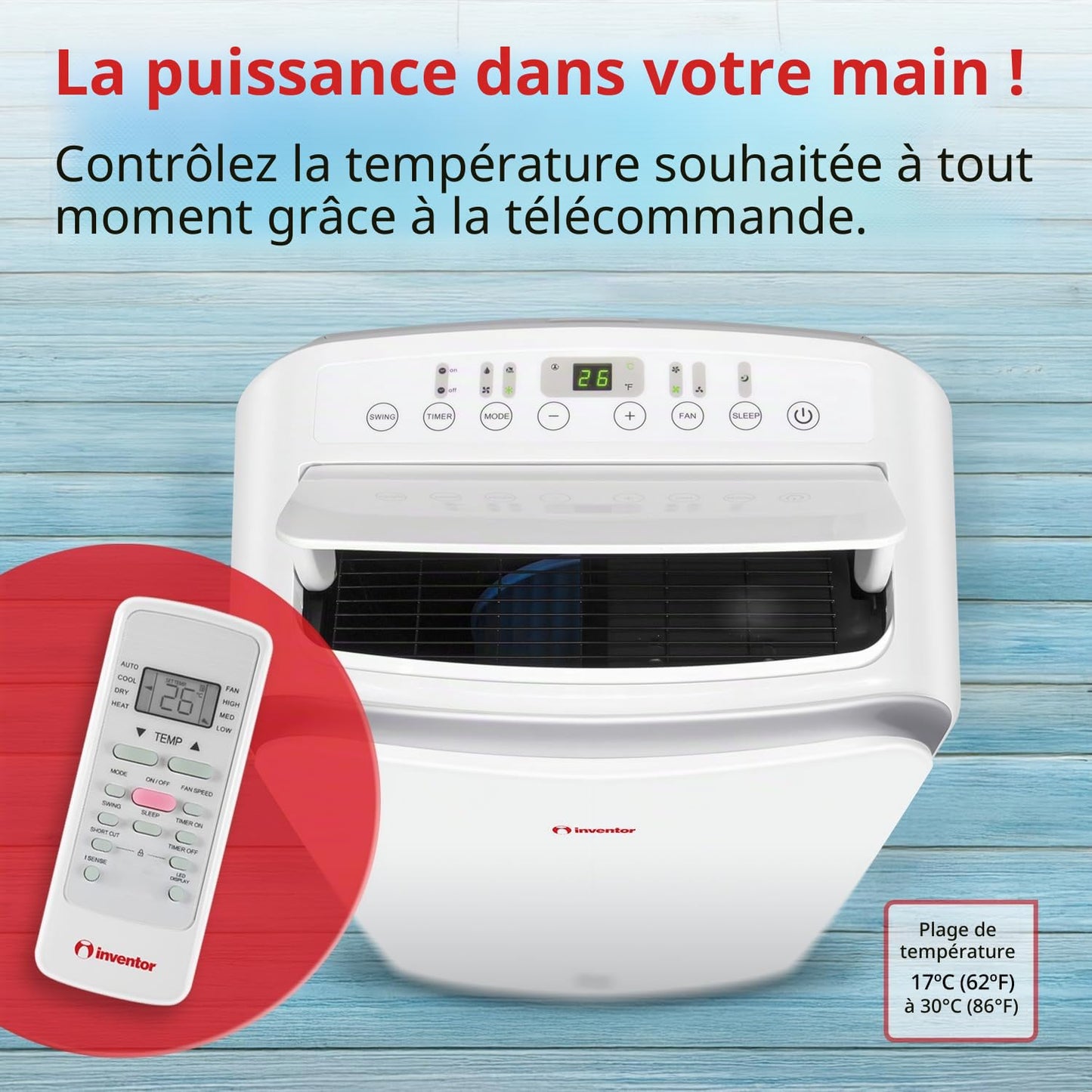 Magic Inventeur Climatiseur portable 12 000 BTU refroidissement, chauffage, déshumidificateur, ventilateur, affichage numérique, télécommande, 3 vitesses, minuterie 24h