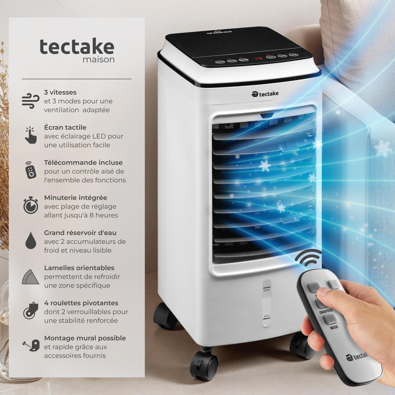 tectake® Rafraichisseur d'air Mobile sans évacuation 3 en 1 Ventilateur et Humidificateur 3 Programmes avec Télécommande Éclairage LED Ventilateur portable Ventilateurs pour Chambre Salon Bureau