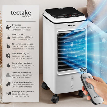 tectake® Rafraichisseur d'air Mobile sans évacuation 3 en 1 Ventilateur et Humidificateur 3 Programmes avec Télécommande Éclairage LED Ventilateur portable Ventilateurs pour Chambre Salon Bureau